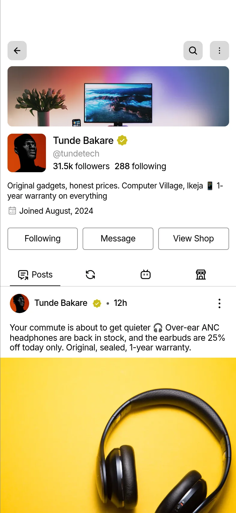 TundeTech seller profile with a gold business badge and a View Shop button